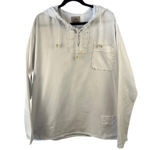 Mens White Organic Cotton Long Sleeve Hoodie SZ L Raw‎ Edge Fringe Beach Sailing